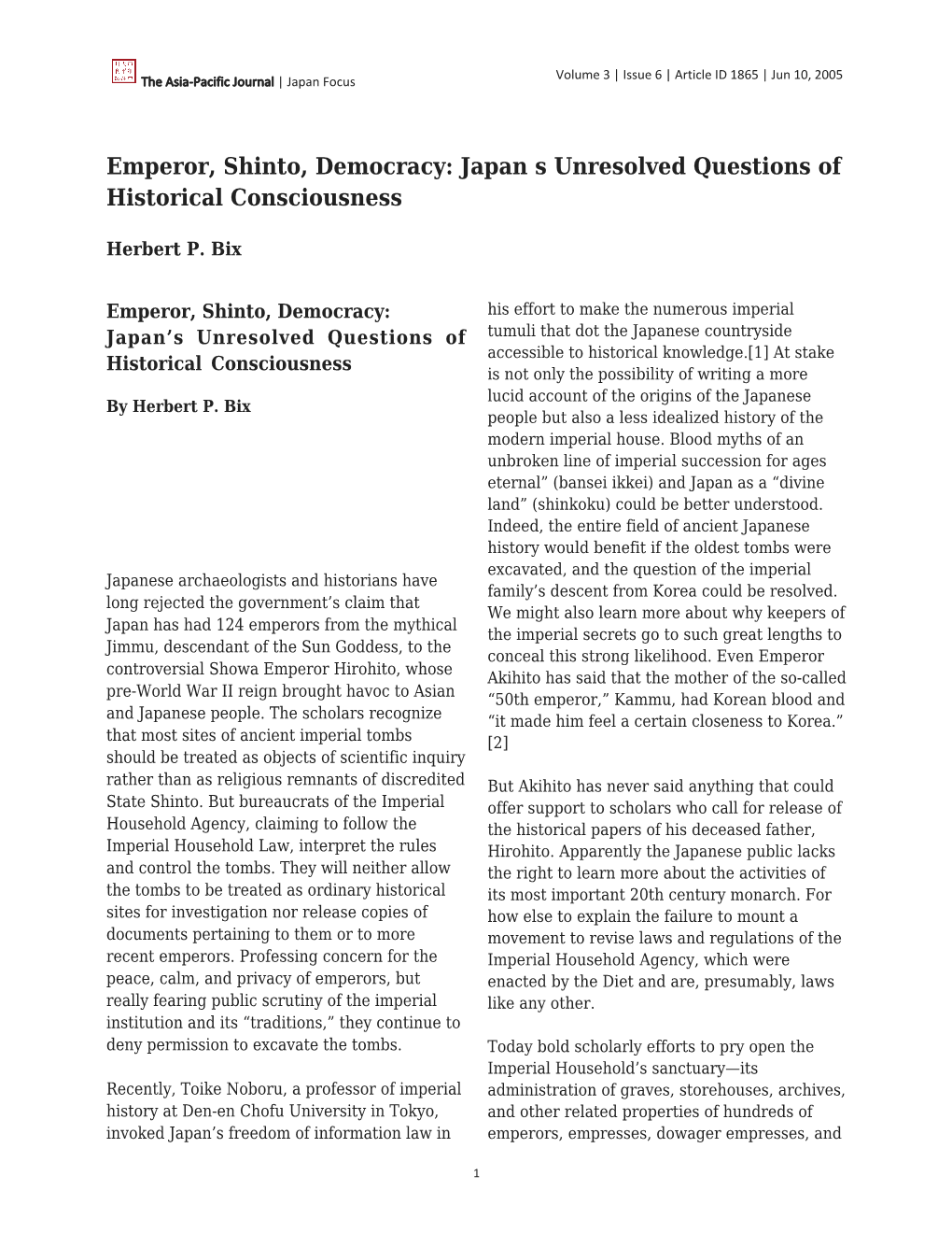 Emperor, Shinto, Democracy: Japan S Unresolved Questions of Historical Consciousness