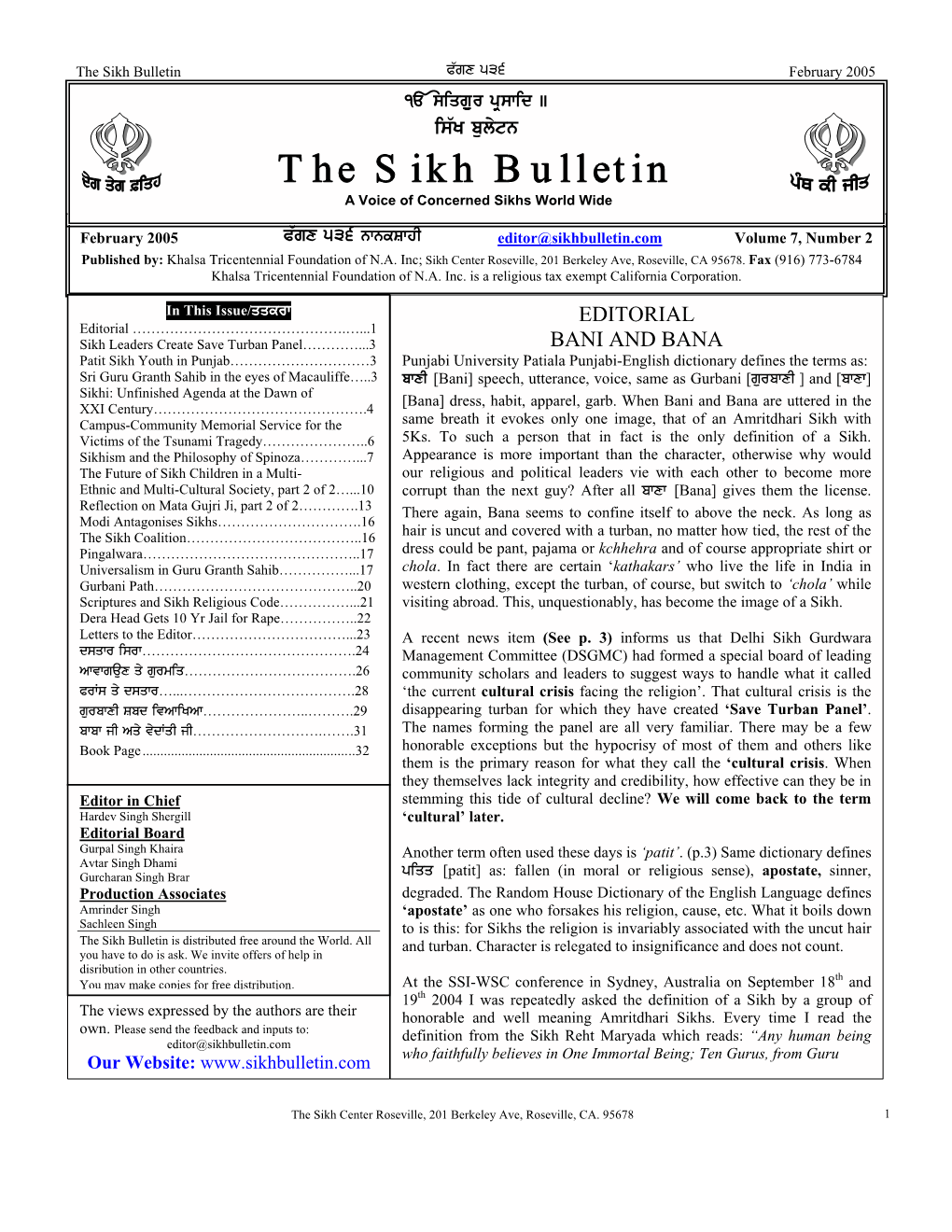 The Sikh Bulletin P`Gx 536 February 2005
