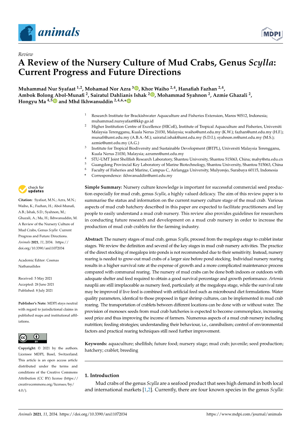 A Review of the Nursery Culture of Mud Crabs, Genus Scylla: Current Progress and Future Directions