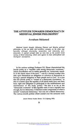 The Attitude Towards Democracy in Medieval Jewishphilosophy*