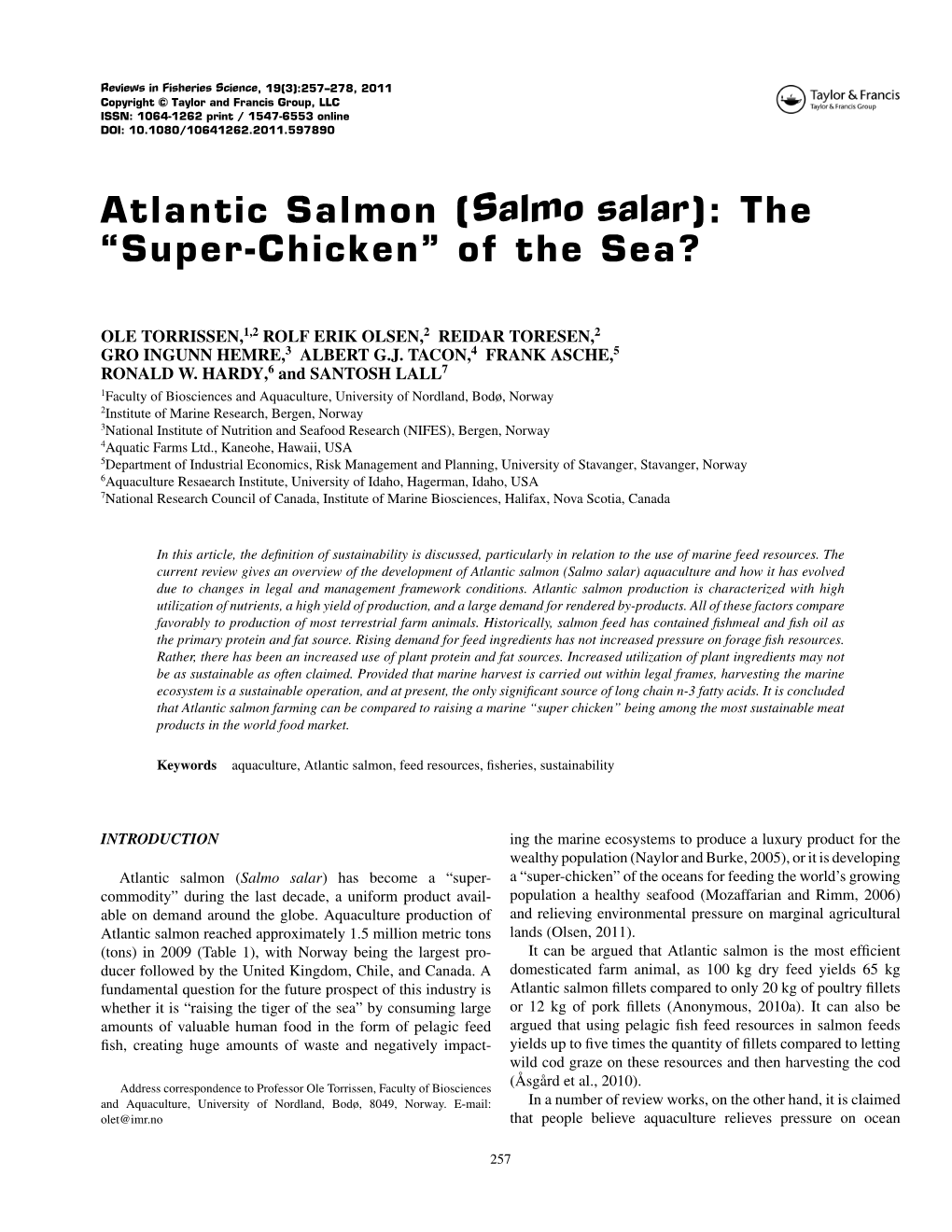 Atlantic Salmon (Salmo Salar): the “Super-Chicken” of the Sea?
