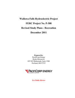 Wallowa Falls Hydroelectric Project FERC Project No. P-308 Revised Study Plans - Recreation December 2011