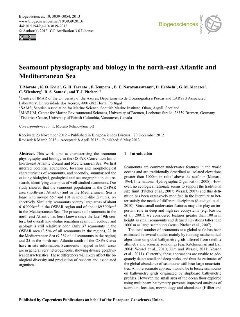 Seamount Physiography and Biology in the North-East Atlantic and Open Access Open Access Mediterranean Sea Earth System Earth System Dynamics 1 1 1 1 2 Dynamics3 1 T