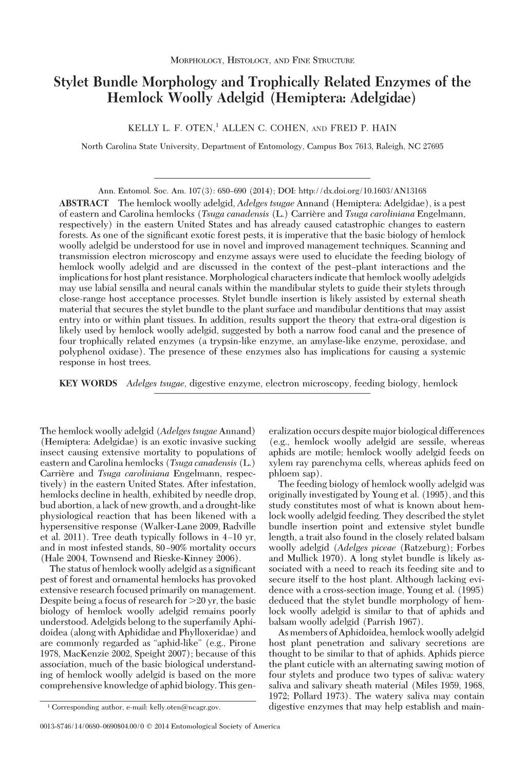 Stylet Bundle Morphology and Trophically Related Enzymes of the Hemlock Woolly Adelgid (Hemiptera: Adelgidae)