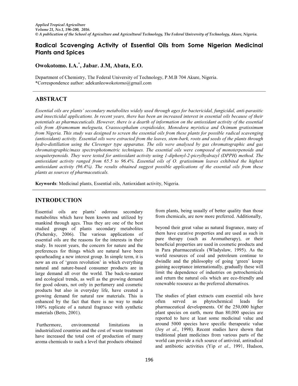 Radical Scavenging Activity of Essential Oils from Some Nigerian Medicinal Plants and Spices