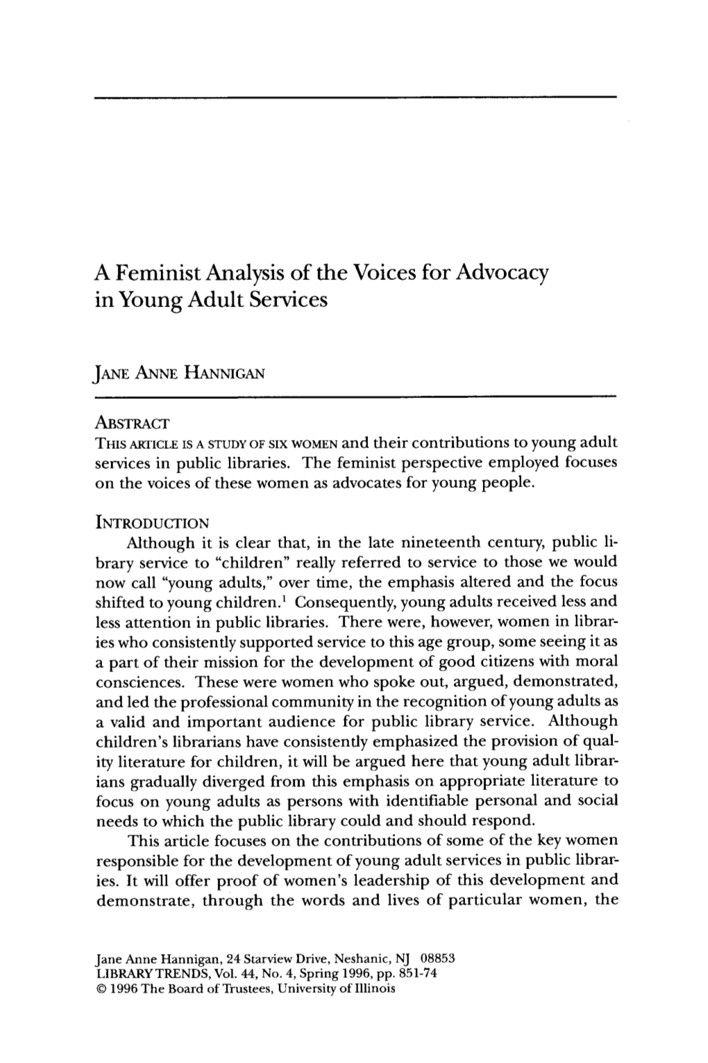 A Feminist Analysis of the Voices for Advocacy in Young Adult Services