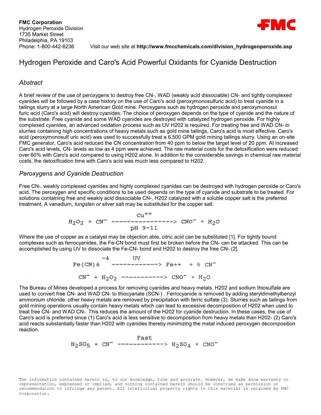 Hydrogen Peroxide and Caro's Acid Powerful Oxidants for Cyanide Destruction