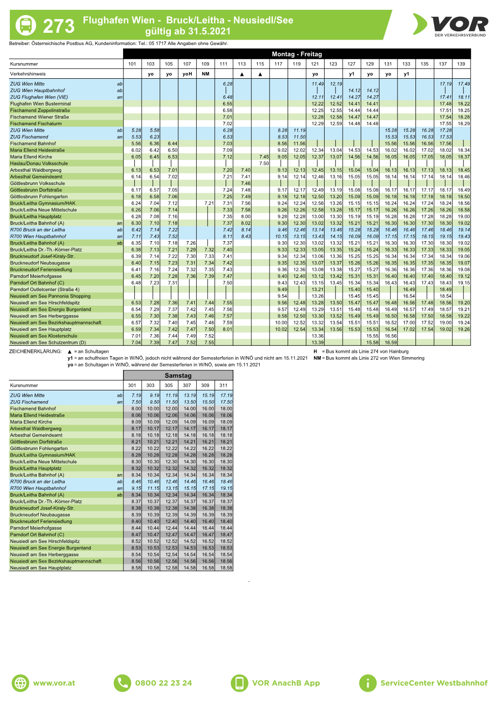 Flughafen Wien - Bruck/Leitha - Neusiedl/See 273 Gültig Ab 31.5.2021 Betreiber: Österreichische Postbus AG, Kundeninformation: Tel.: 05 1717 Alle Angaben Ohne Gewähr