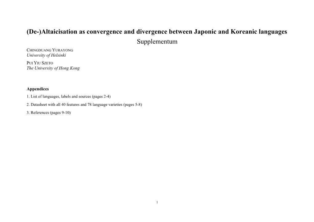 (De-)Altaicisation As Convergence and Divergence Between Japonic and Koreanic Languages Supplementum CHINGDUANG YURAYONG University of Helsinki