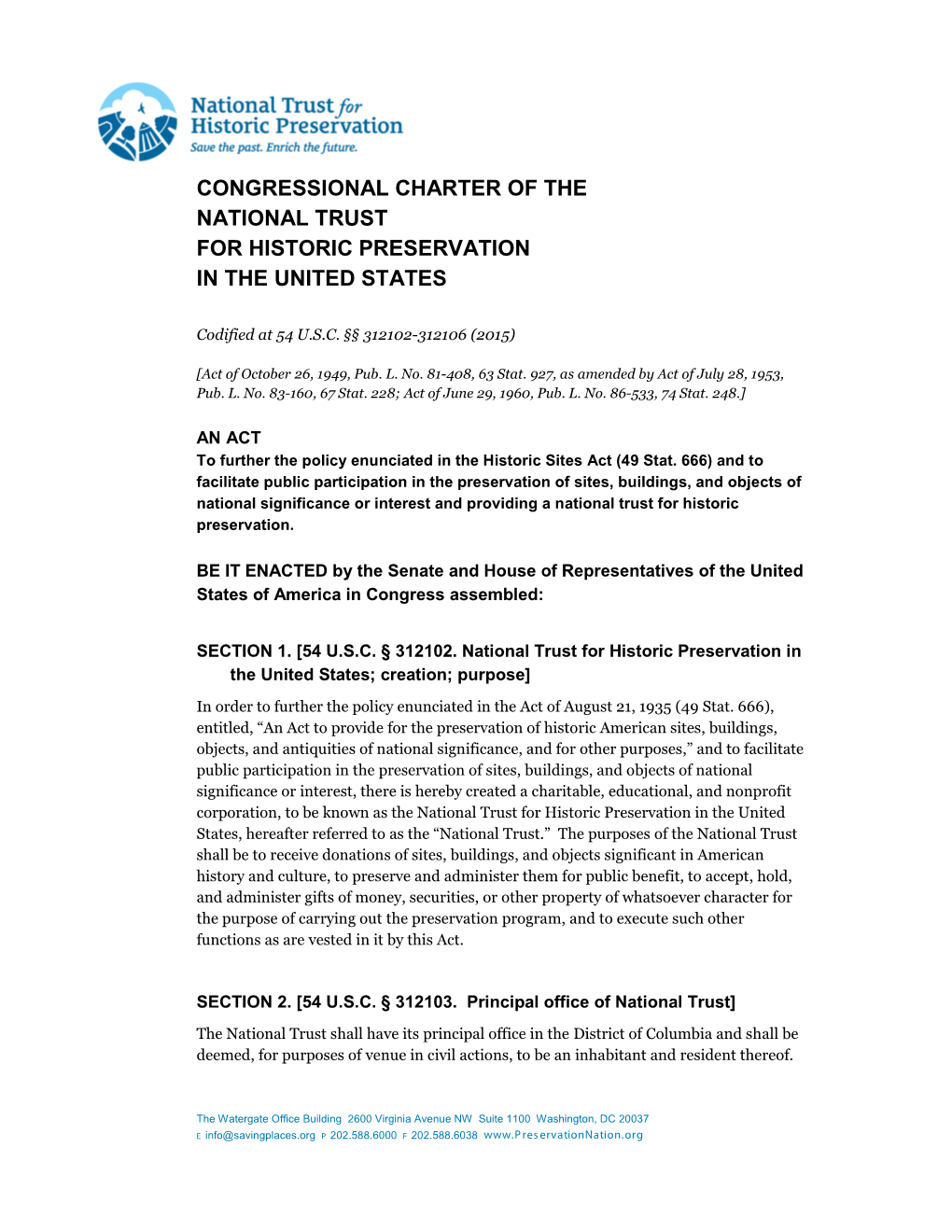 Congressional Charter of the National Trust for Historic Preservation in the United States