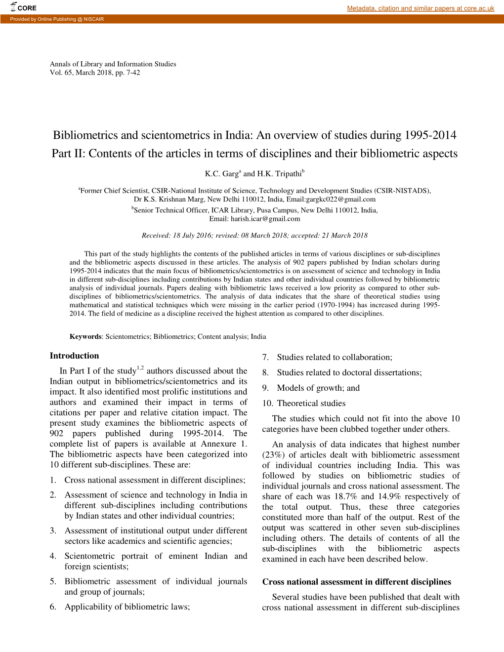 Bibliometrics and Scientometrics in India: an Overview of Studies During 1995-2014 Part II