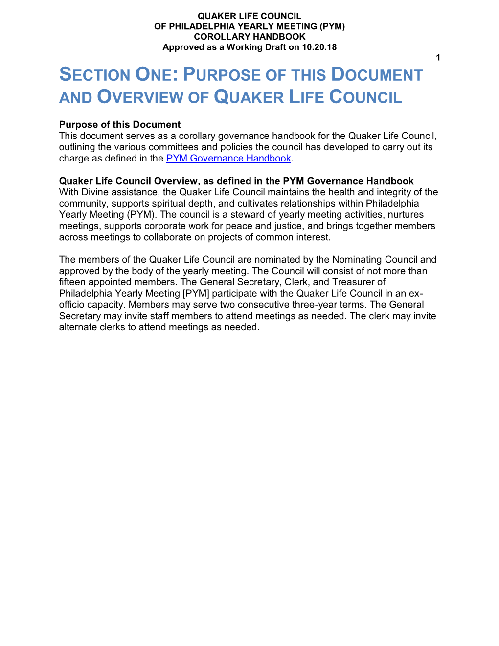 Section One: Purpose of This Document and Overview of Quaker Life Council