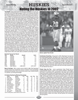 HUSKIES Season Review Noting the Huskies in 2002 the Coach: Husky Head Coach Rick Neuheisel Completed His Fourth Year at the Helm of the Washington Program in 2002