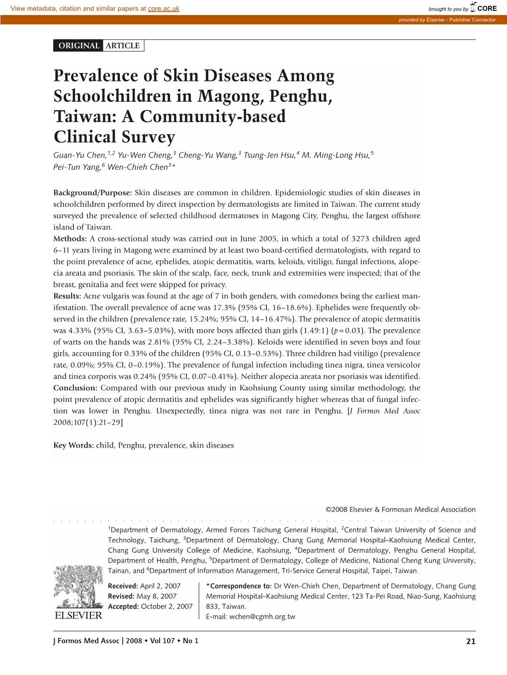 Prevalence of Skin Diseases Among Schoolchildren in Magong, Penghu, Taiwan
