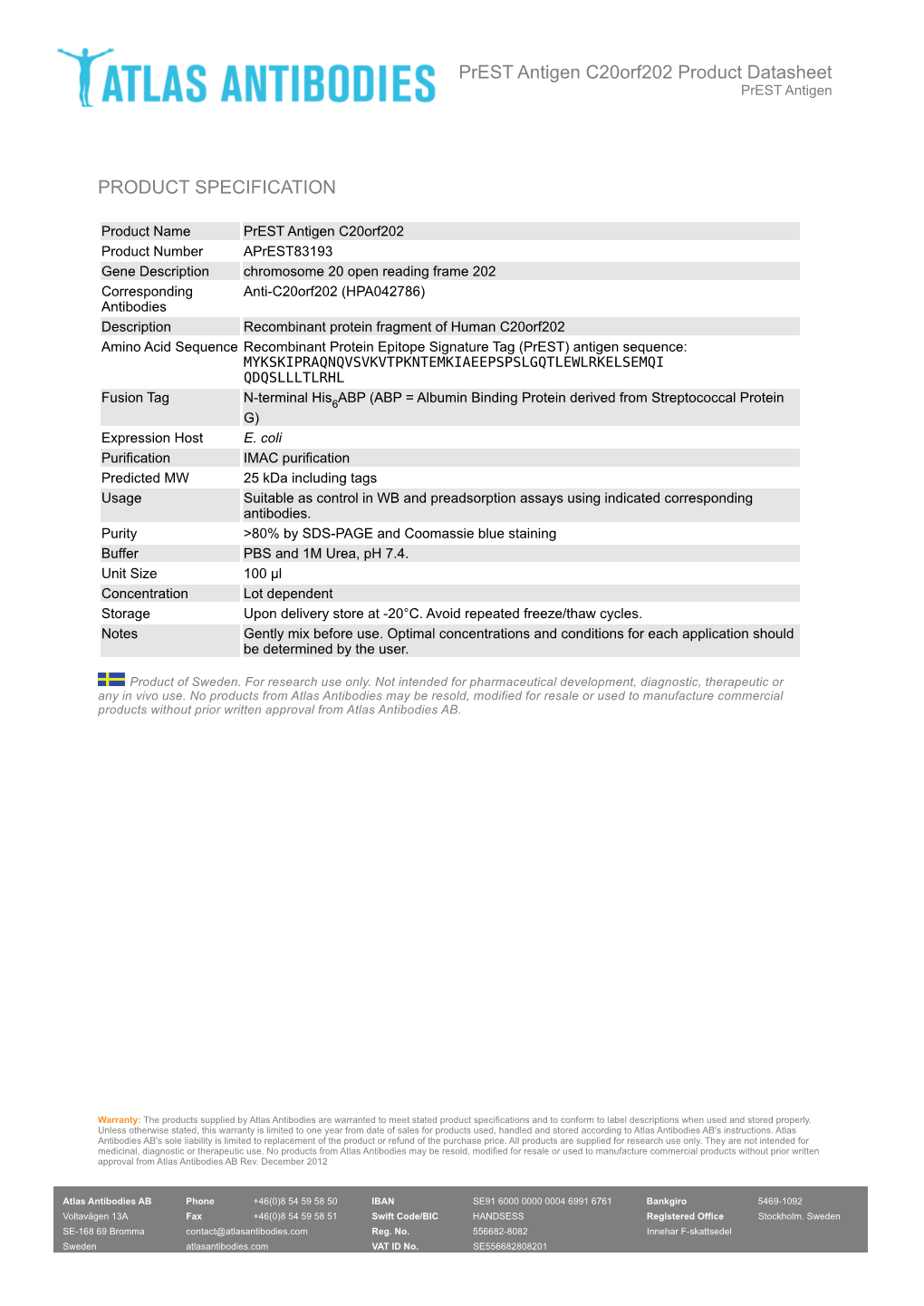 PRODUCT SPECIFICATION Prest Antigen C20orf202 Product