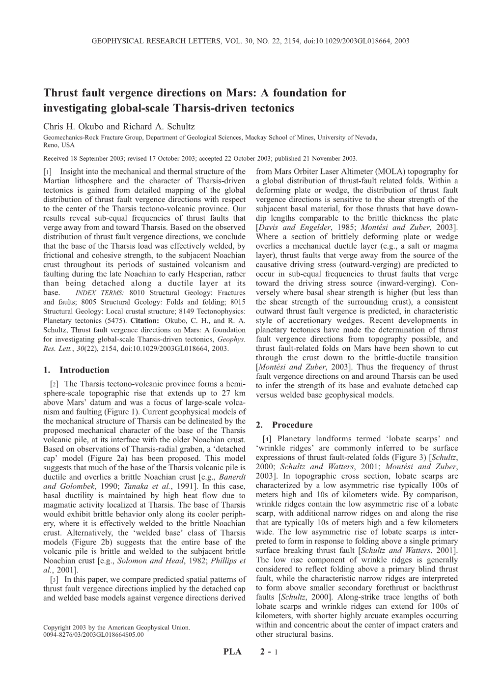 Thrust Fault Vergence Directions on Mars: a Foundation for Investigating Global-Scale Tharsis-Driven Tectonics Chris H