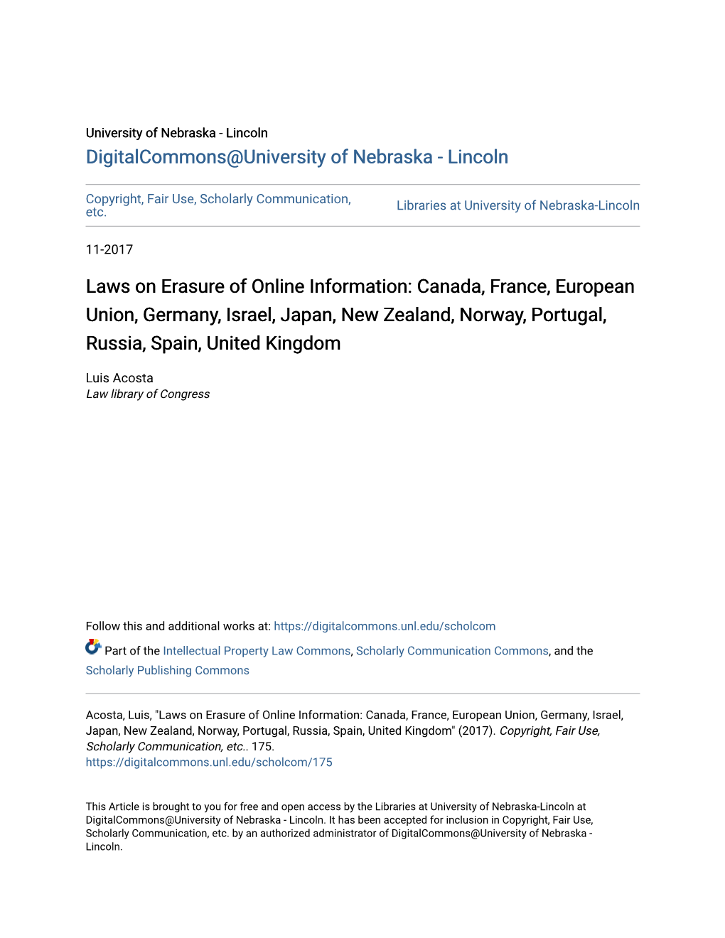Laws on Erasure of Online Information: Canada, France, European Union, Germany, Israel, Japan, New Zealand, Norway, Portugal, Russia, Spain, United Kingdom