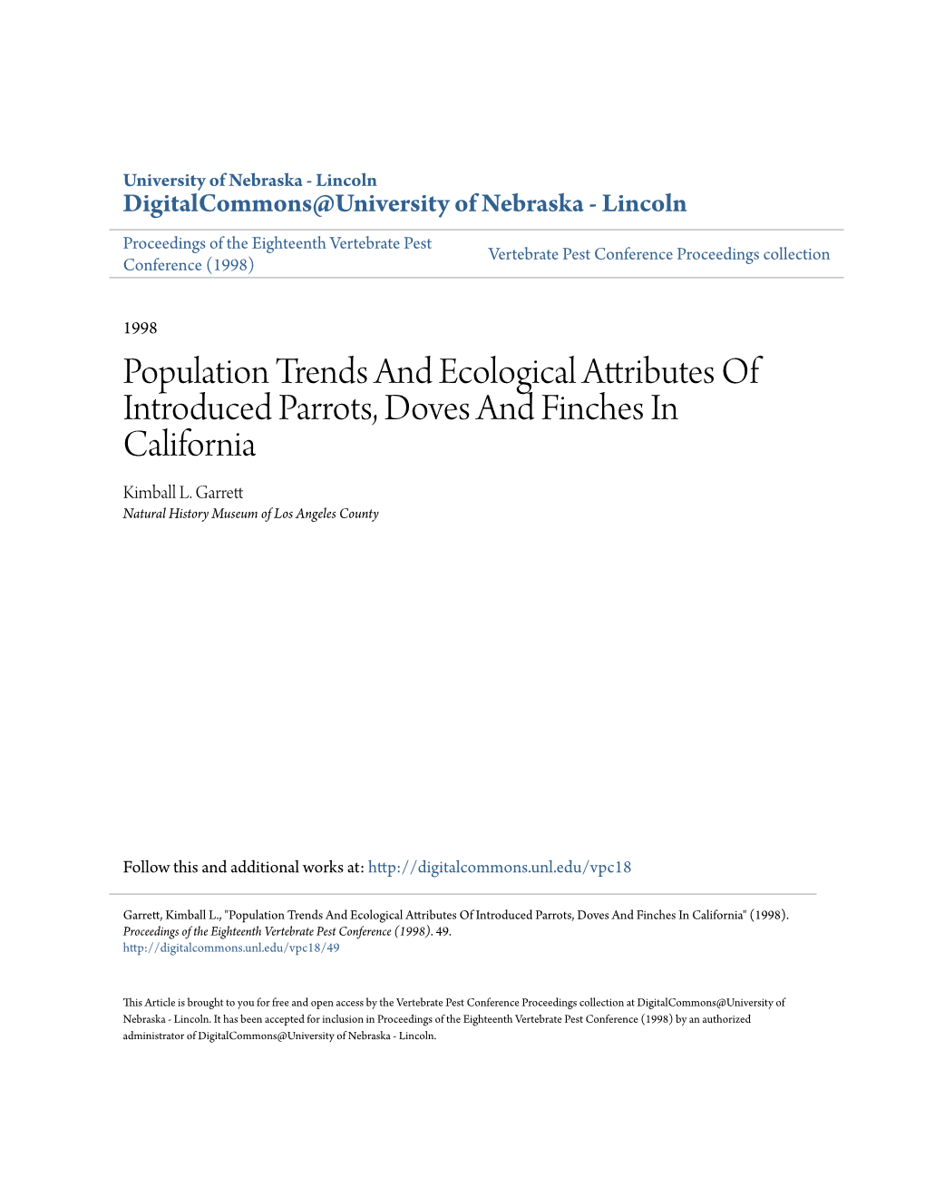 Population Trends and Ecological Attributes of Introduced Parrots, Doves and Finches in California Kimball L