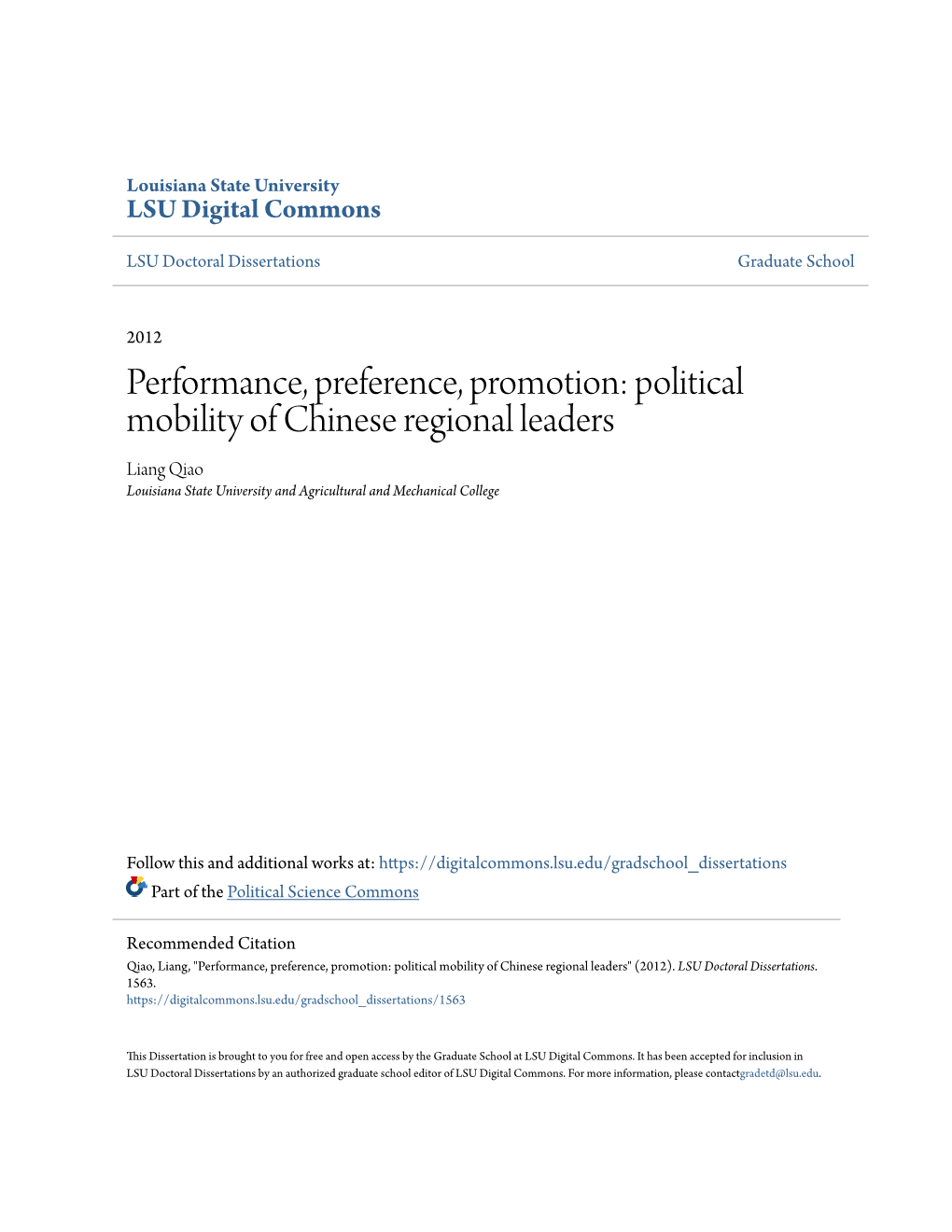 Political Mobility of Chinese Regional Leaders Liang Qiao Louisiana State University and Agricultural and Mechanical College