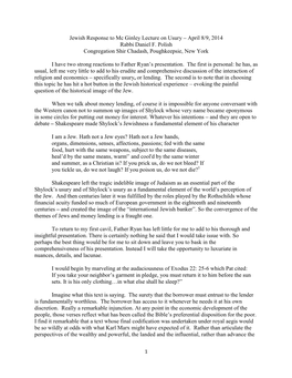 Jewish Response to Mc Ginley Lecture on Usury – April 8/9, 2014 Rabbi Daniel F