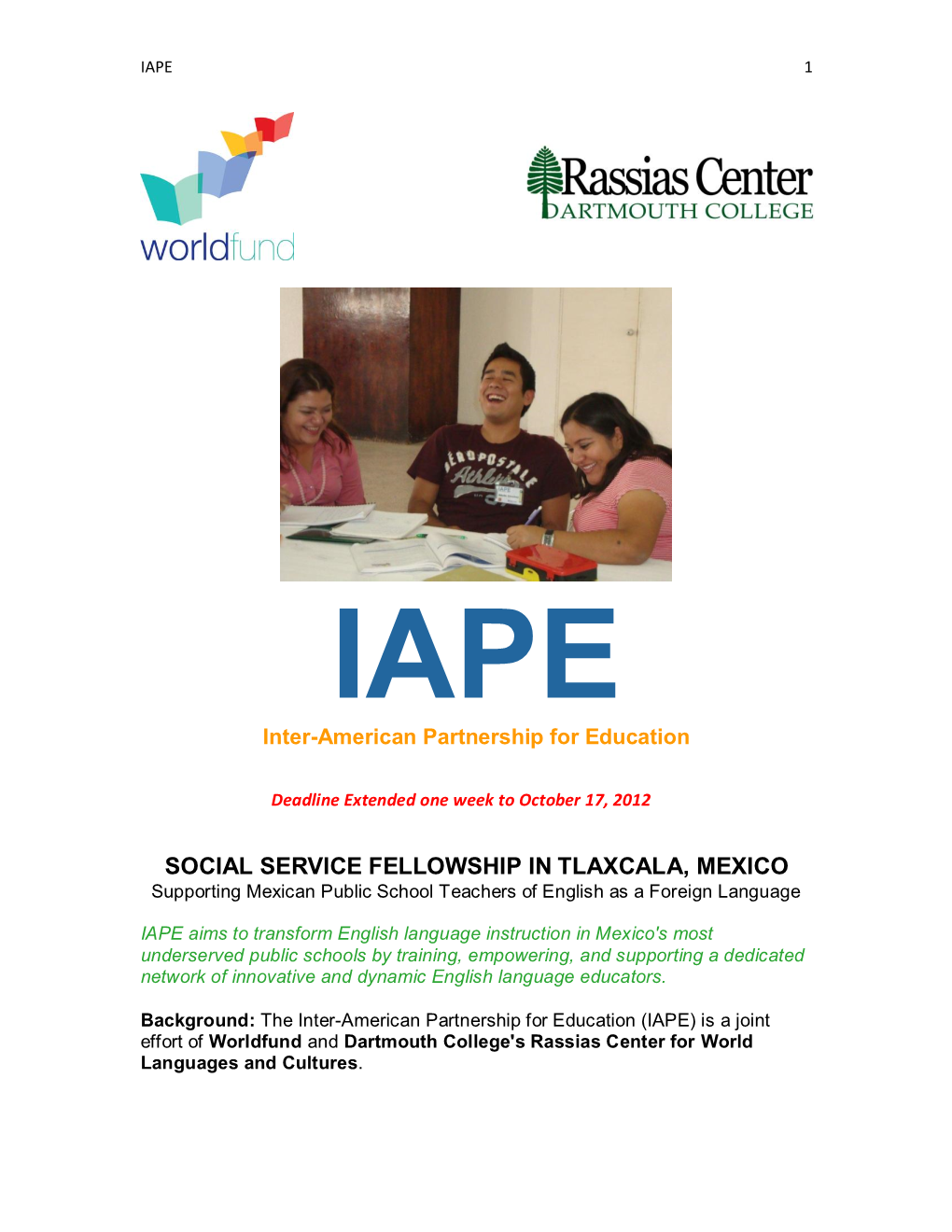 SOCIAL SERVICE FELLOWSHIP in TLAXCALA, MEXICO Supporting Mexican Public School Teachers of English As a Foreign Language