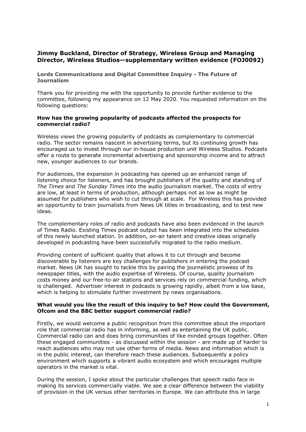 Jimmy Buckland, Director of Strategy, Wireless Group and Managing Director, Wireless Studios—Supplementary Written Evidence (FOJ0092)