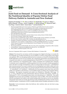 A Cross-Sectional Analysis of the Nutritional Quality of Popular Online Food Delivery Outlets in Australia and New Zealand