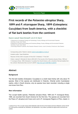 Coleoptera: Cucujidae) from South America, with a Checklist of Flat Bark Beetles from the Continent