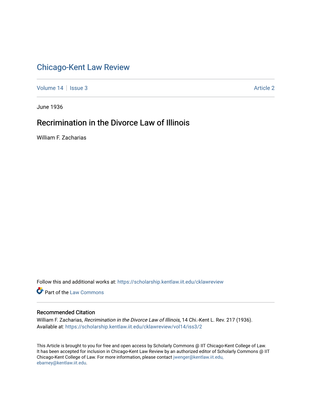 Recrimination in the Divorce Law of Illinois