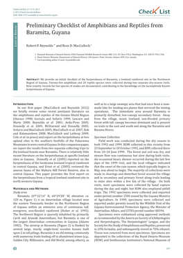 Preliminary Checklist of Amphibians and Reptiles from Baramita, Guyana