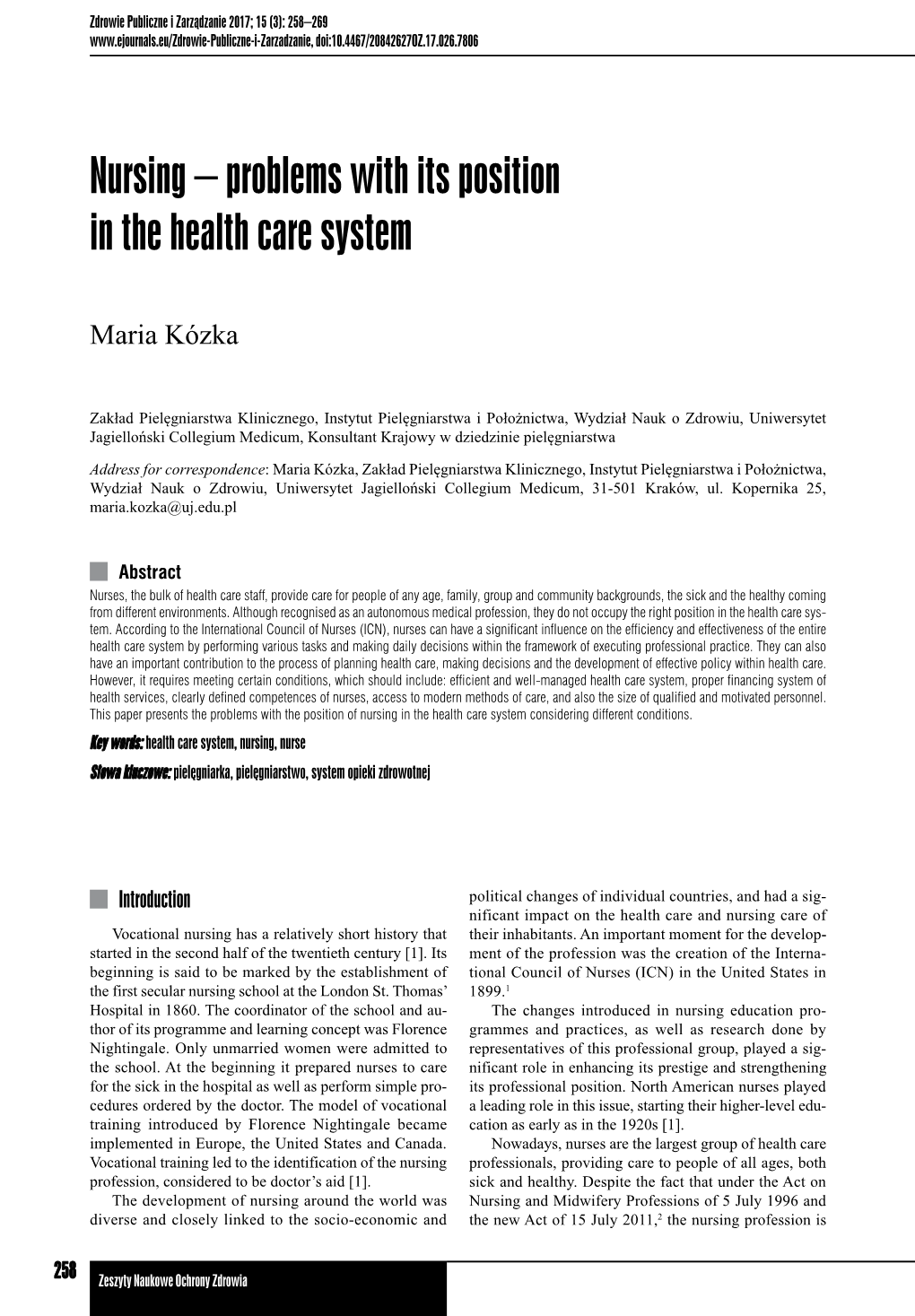 Nursing – Problems with Its Position in the Health Care System