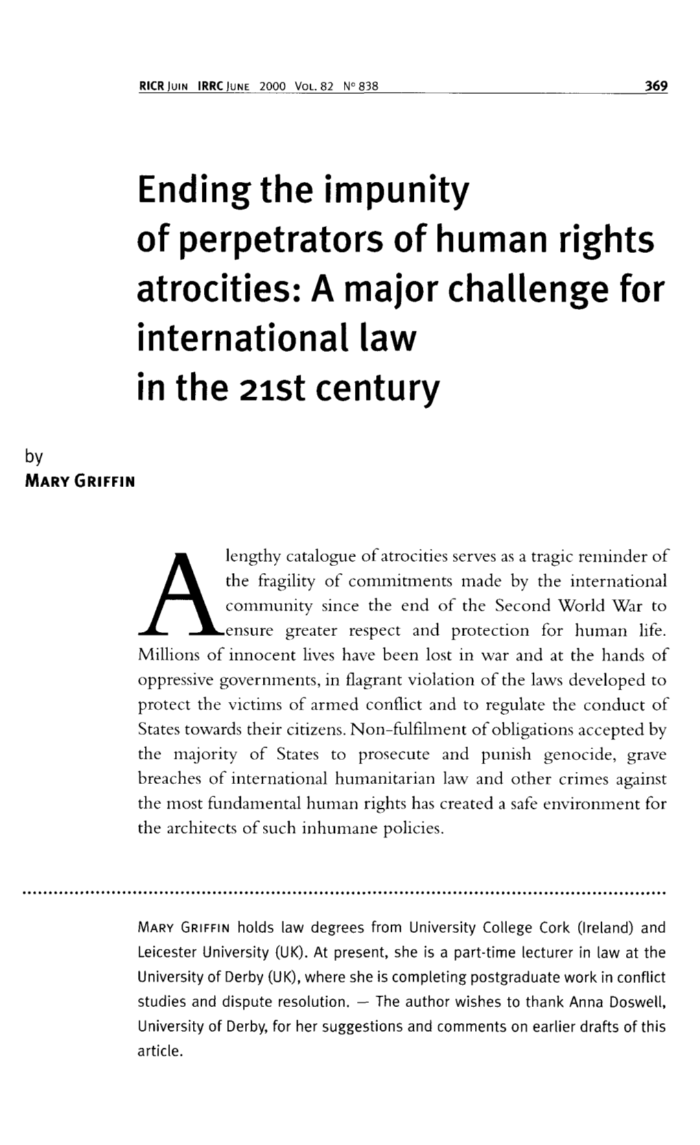 Ending the Impunity of Perpetrators of Human Rights Atrocities: a Major Challenge for International Law in the 21St Century by MARY GRIFFIN