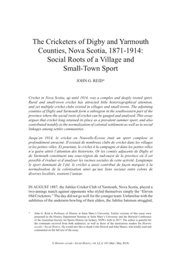 The Cricketers of Digby and Yarmouth Counties, Nova Scotia, 1871-1914: Social Roots of a Village and Small-Town Sport