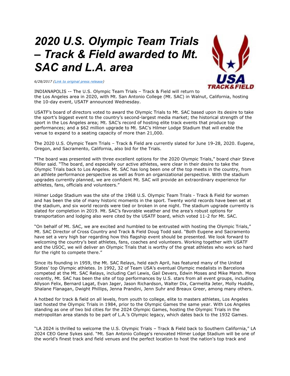 2020 U.S. Olympic Team Trials – Track & Field Awarded to Mt. SAC