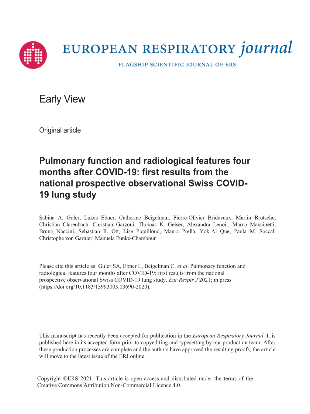 Pulmonary Function and Radiological Features Four Months After COVID-19: First Results from the National Prospective Observational Swiss COVID- 19 Lung Study