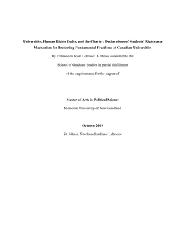 Universities, Human Rights Codes, and the Charter: Declarations of Students’ Rights As a Mechanism for Protecting Fundamental Freedoms at Canadian Universities