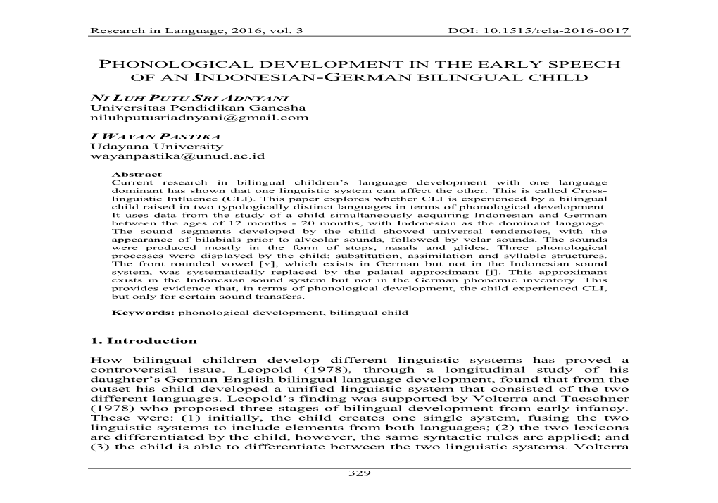 Phonological Development in the Early Speech of an Indonesian -German Bilingual Child