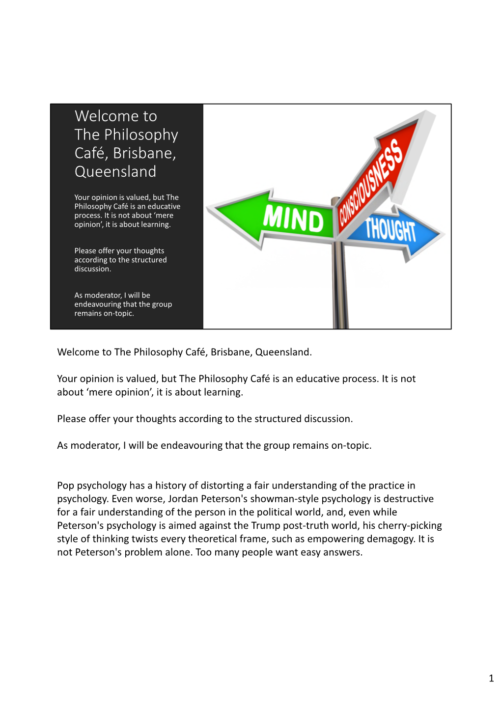 Welcome to the Philosophy Café, Brisbane, Queensland