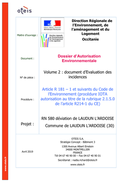 Document D'evaluation Des Incidences Article R 181 – 1 Et Suivants Du