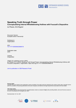 Speaking Truth Through Power Conceptualizing Internal Whistleblowing Hotlines with Foucault’S Dispositive Du Plessis, Erik Mygind
