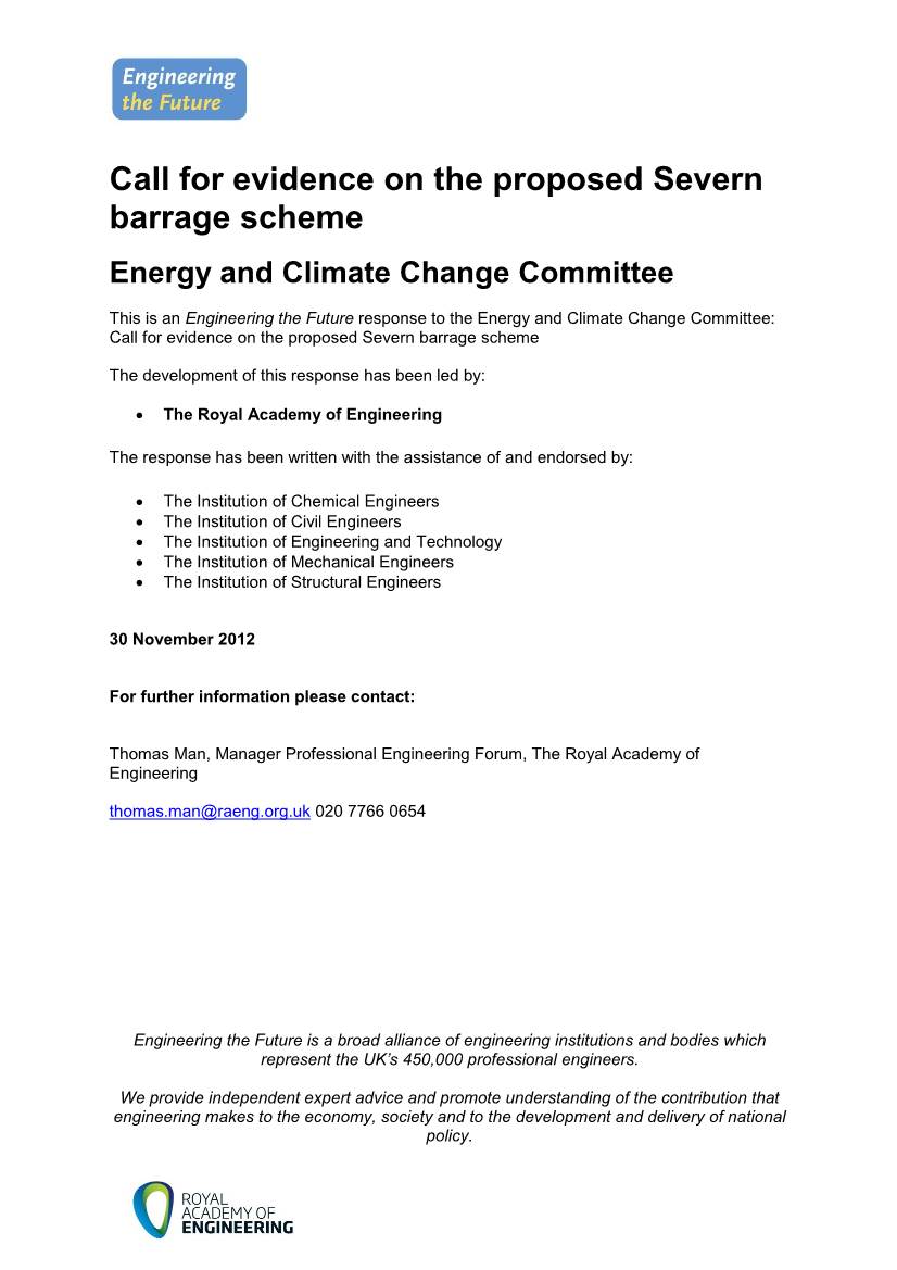 Call for Evidence on the Proposed Severn Barrage Scheme
