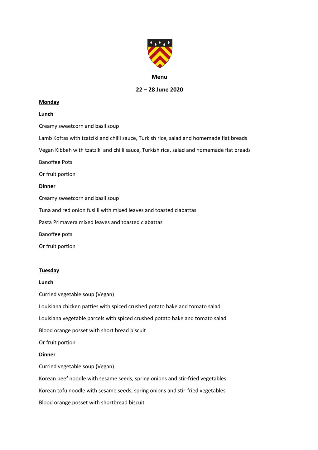 Menu 22 – 28 June 2020