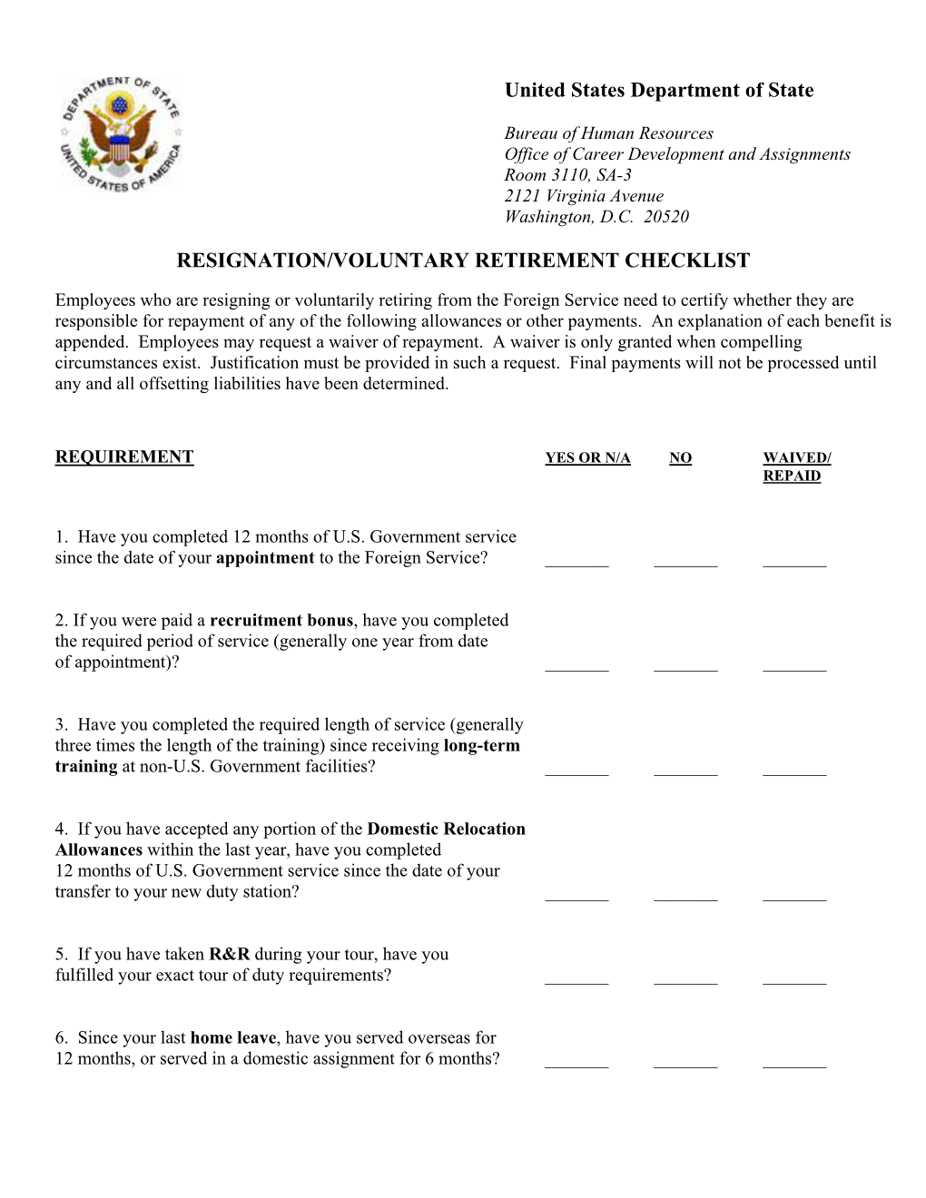 Resignation/Voluntary Retirement Checklist