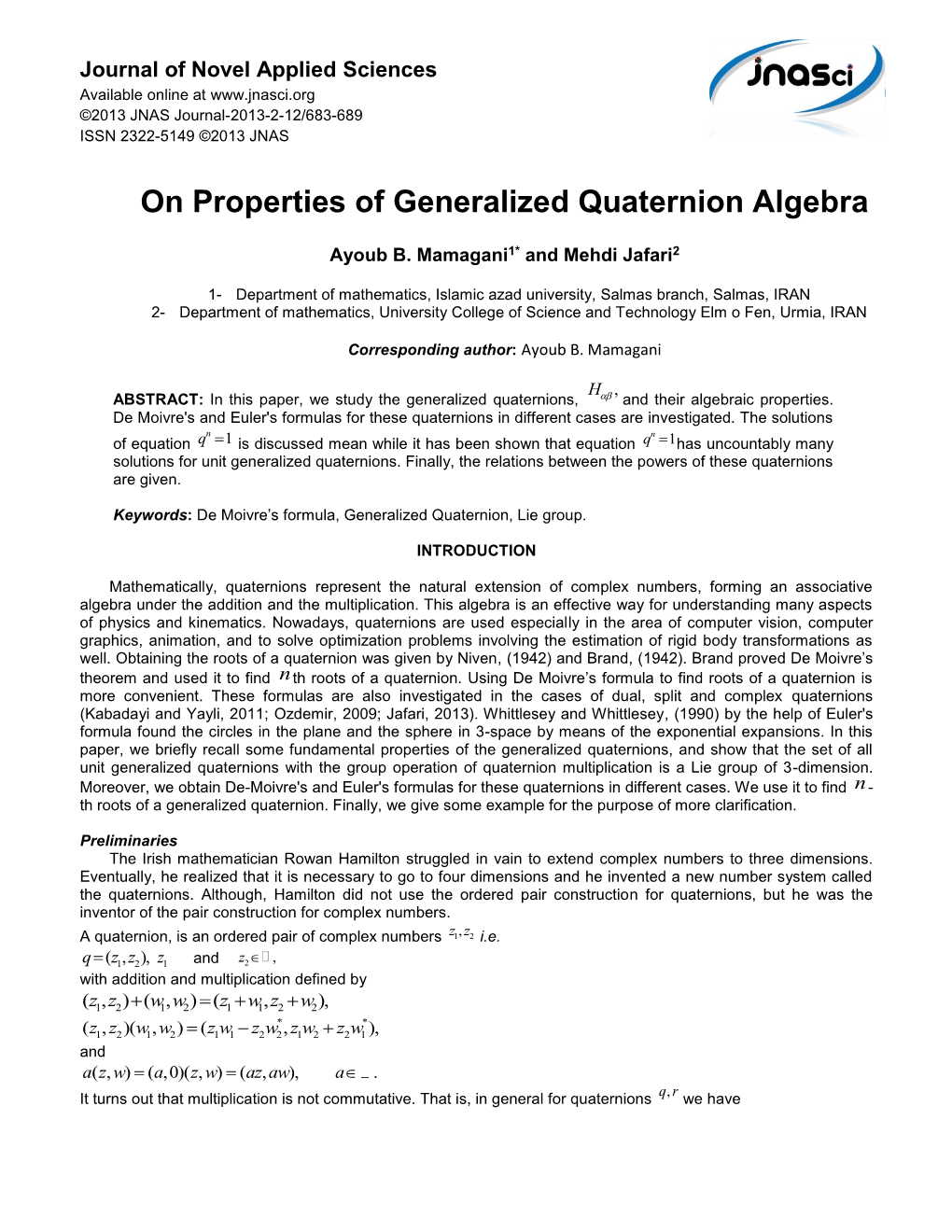 On Properties of Generalized Quaternion Algebra