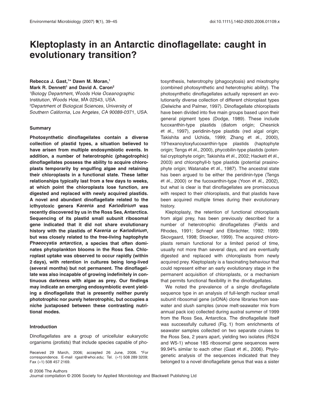 Kleptoplasty in an Antarctic Dinoflagellate