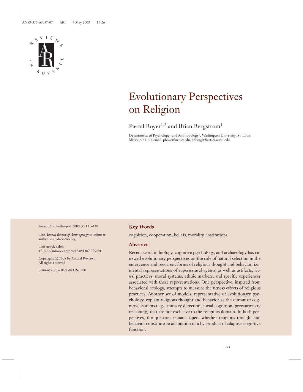 Evolutionary Perspectives on Religion