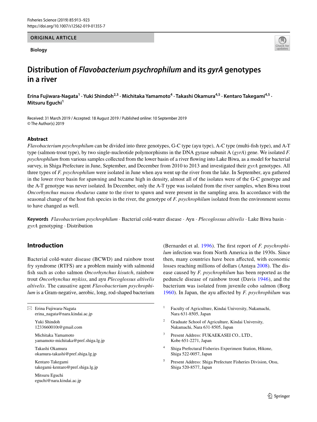 Distribution of Flavobacterium Psychrophilum and Its Gyra Genotypes in a River