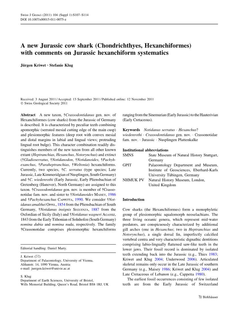 A New Jurassic Cow Shark (Chondrichthyes, Hexanchiformes) with Comments on Jurassic Hexanchiform Systematics
