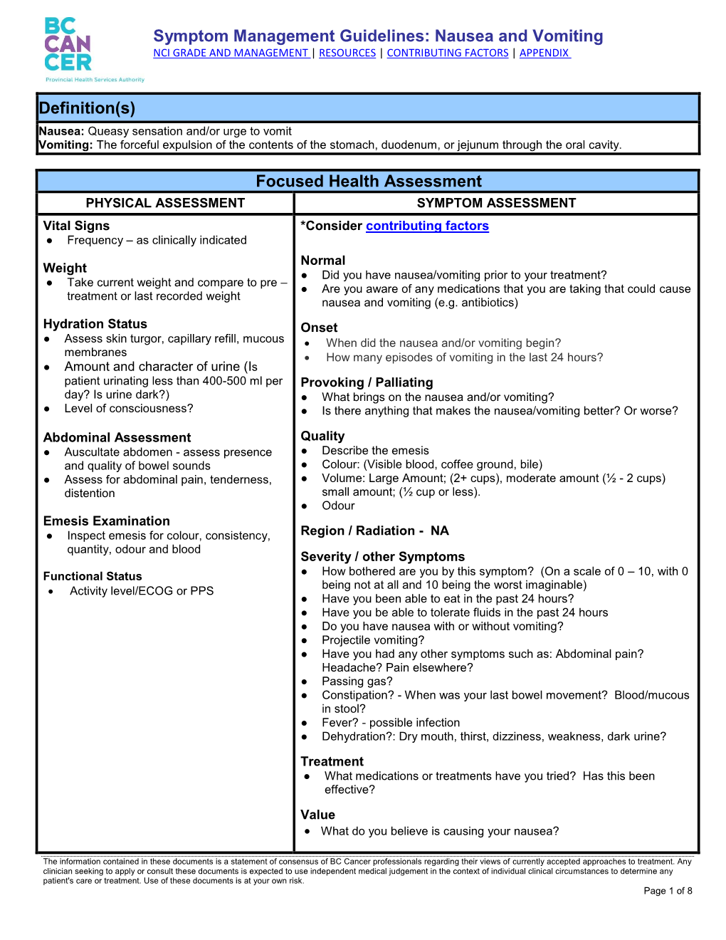 Symptom Management Guidelines: Nausea and Vomiting Definition(S) Focused Health Assessment