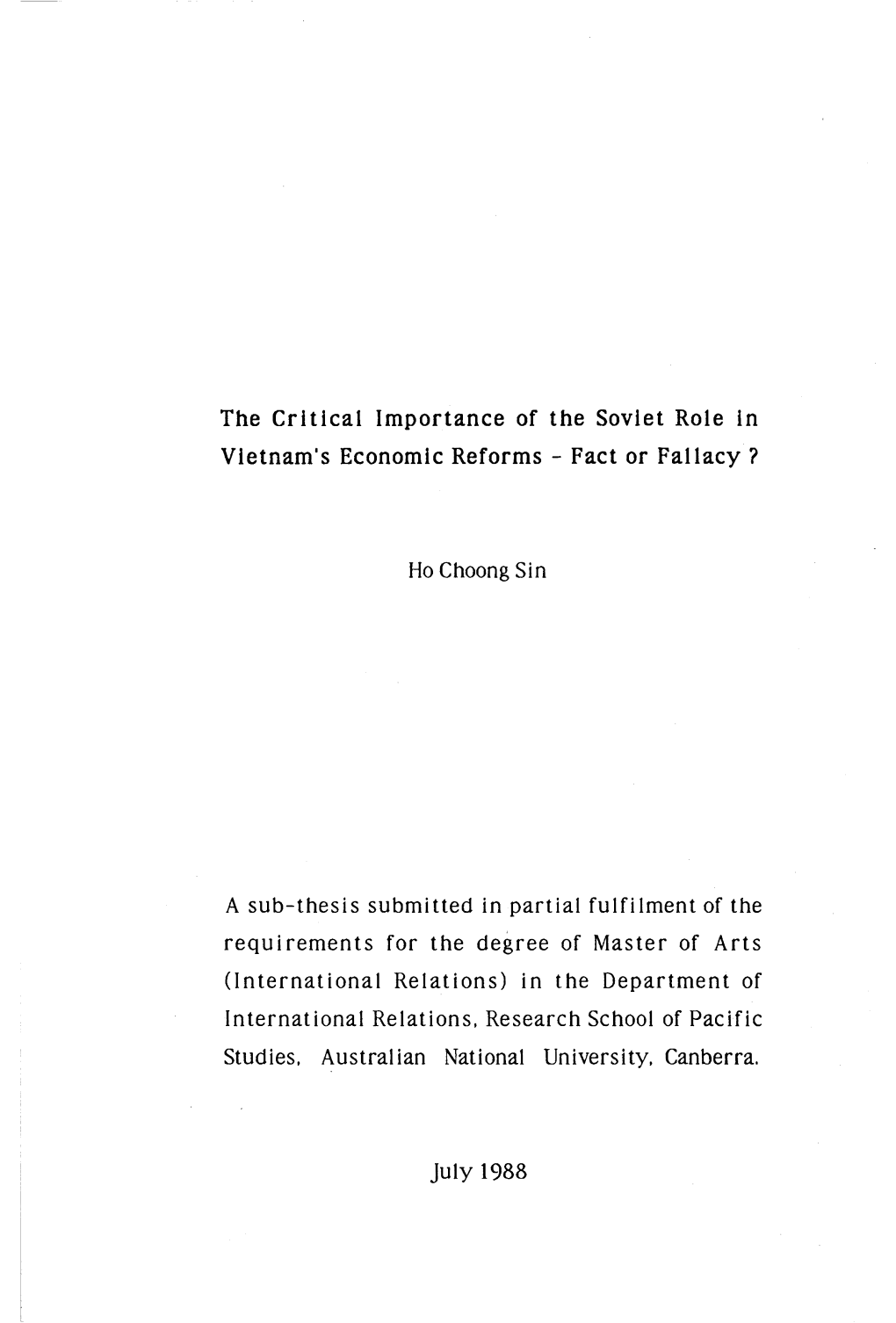 The Critical Importance of the Soviet Role in Vietnam's Economic Reforms - Fact Or Fallacy ?